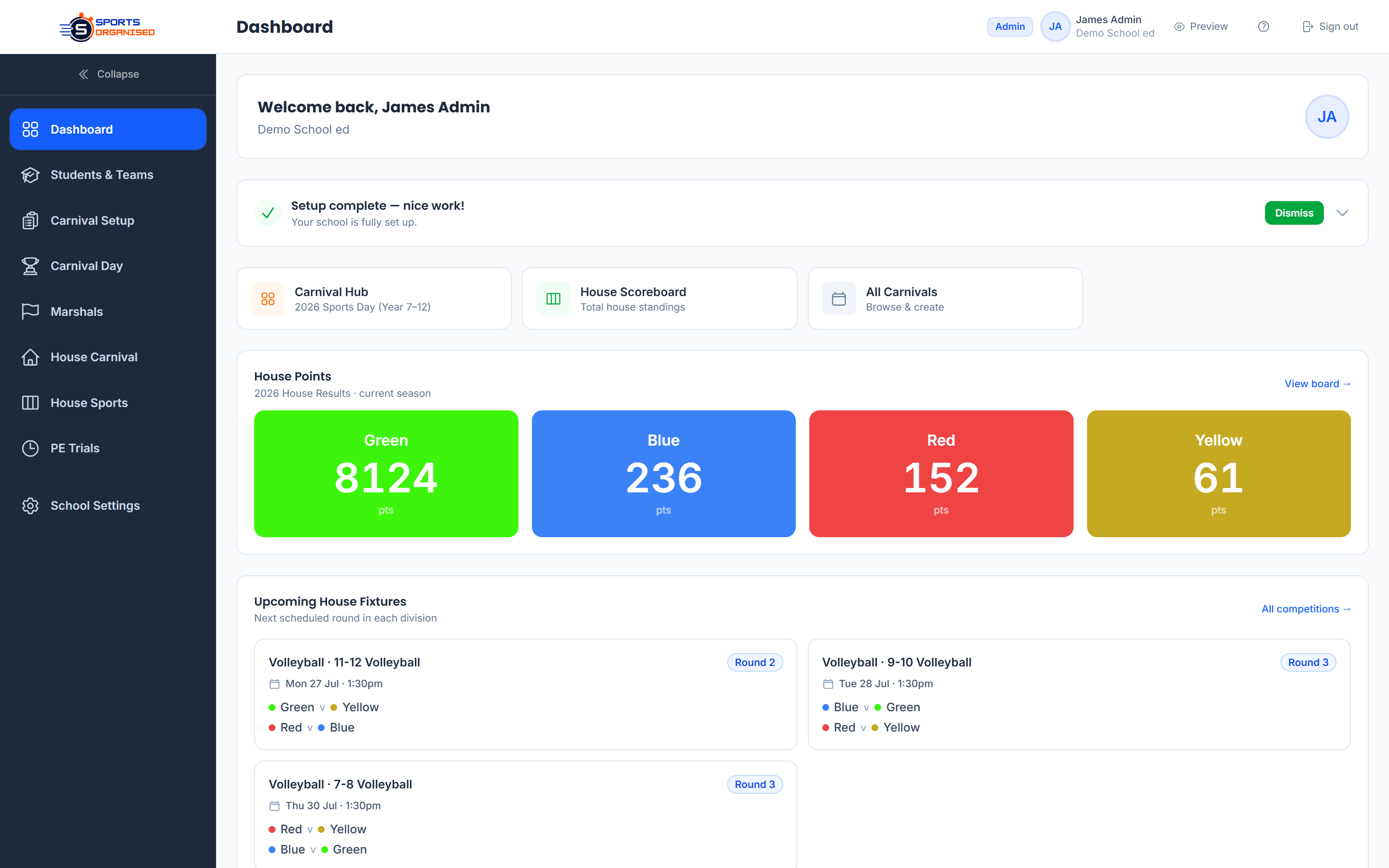 SportsOrganised dashboard
