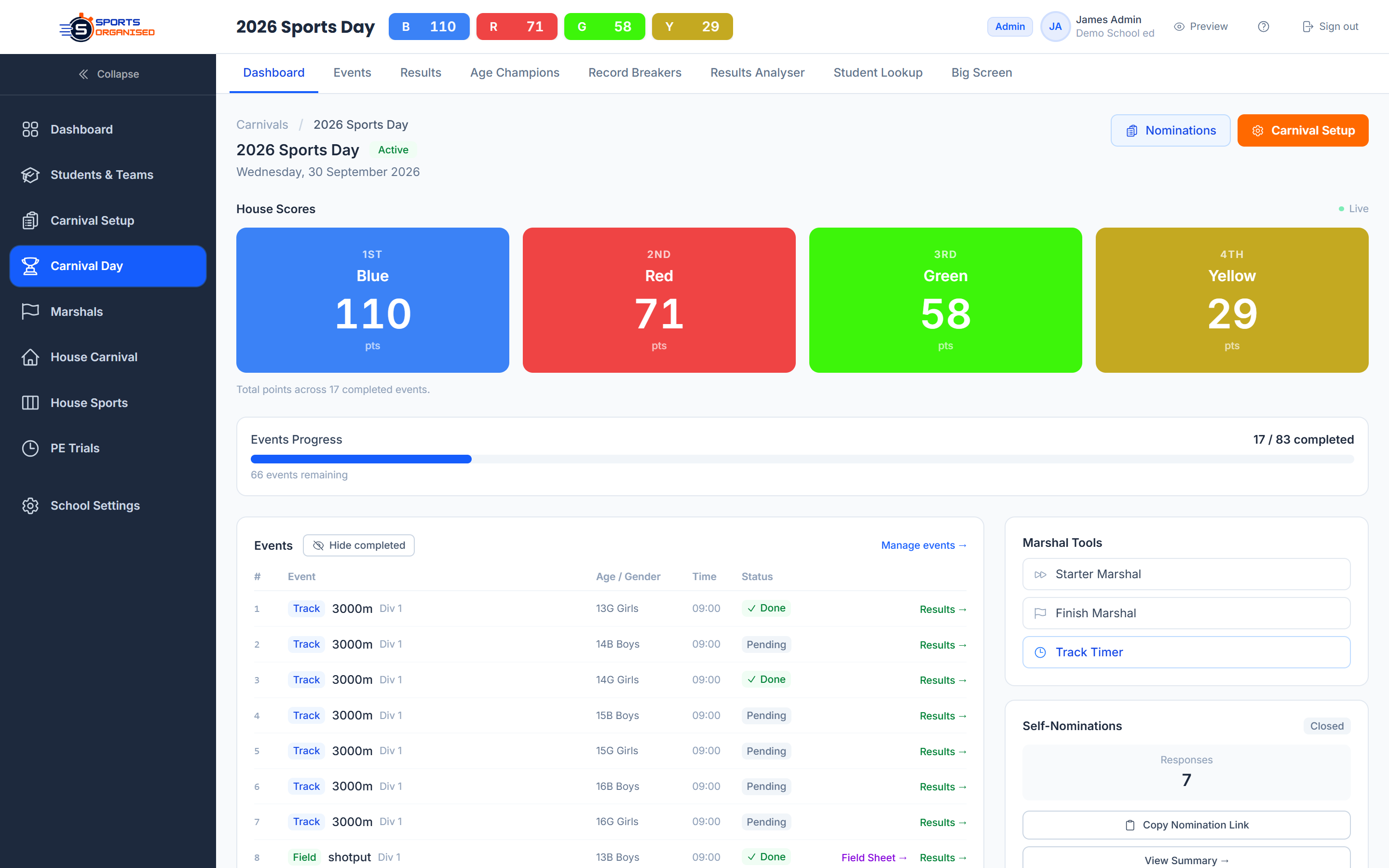 Screenshot: Carnival setup hub with progress and event status
