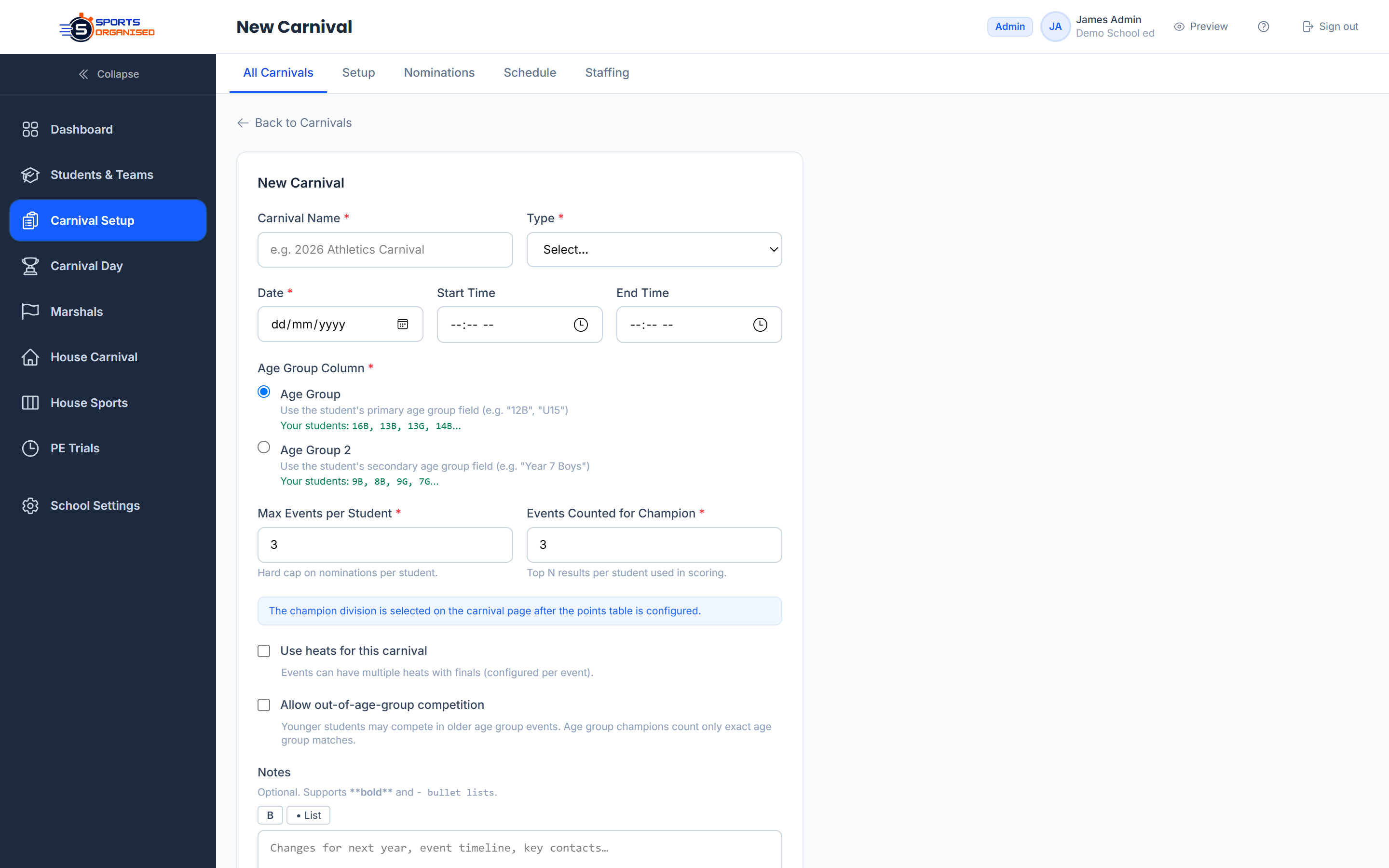 Screenshot: Create carnival form