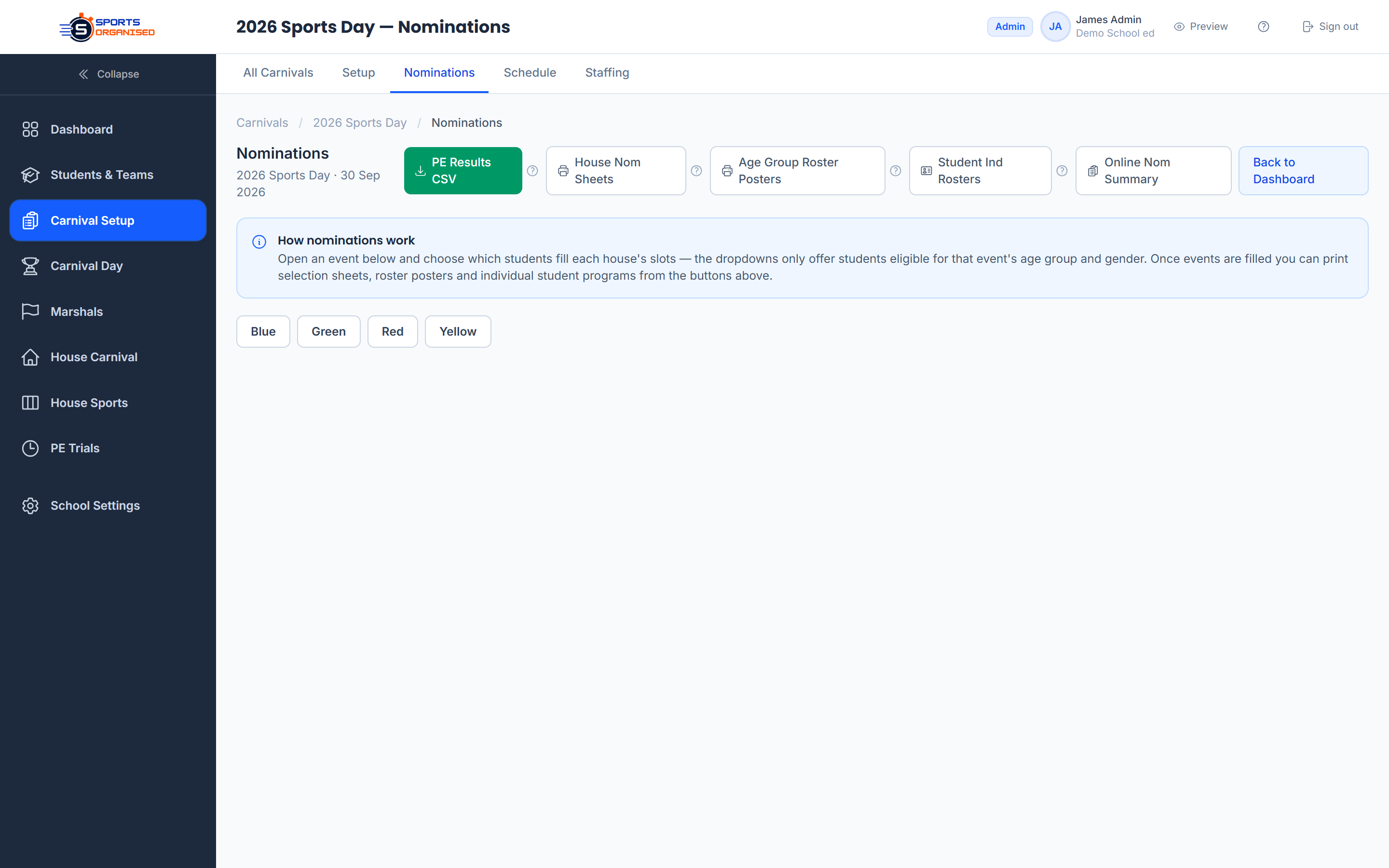 Screenshot: Nomination manager with house and age group breakdown
