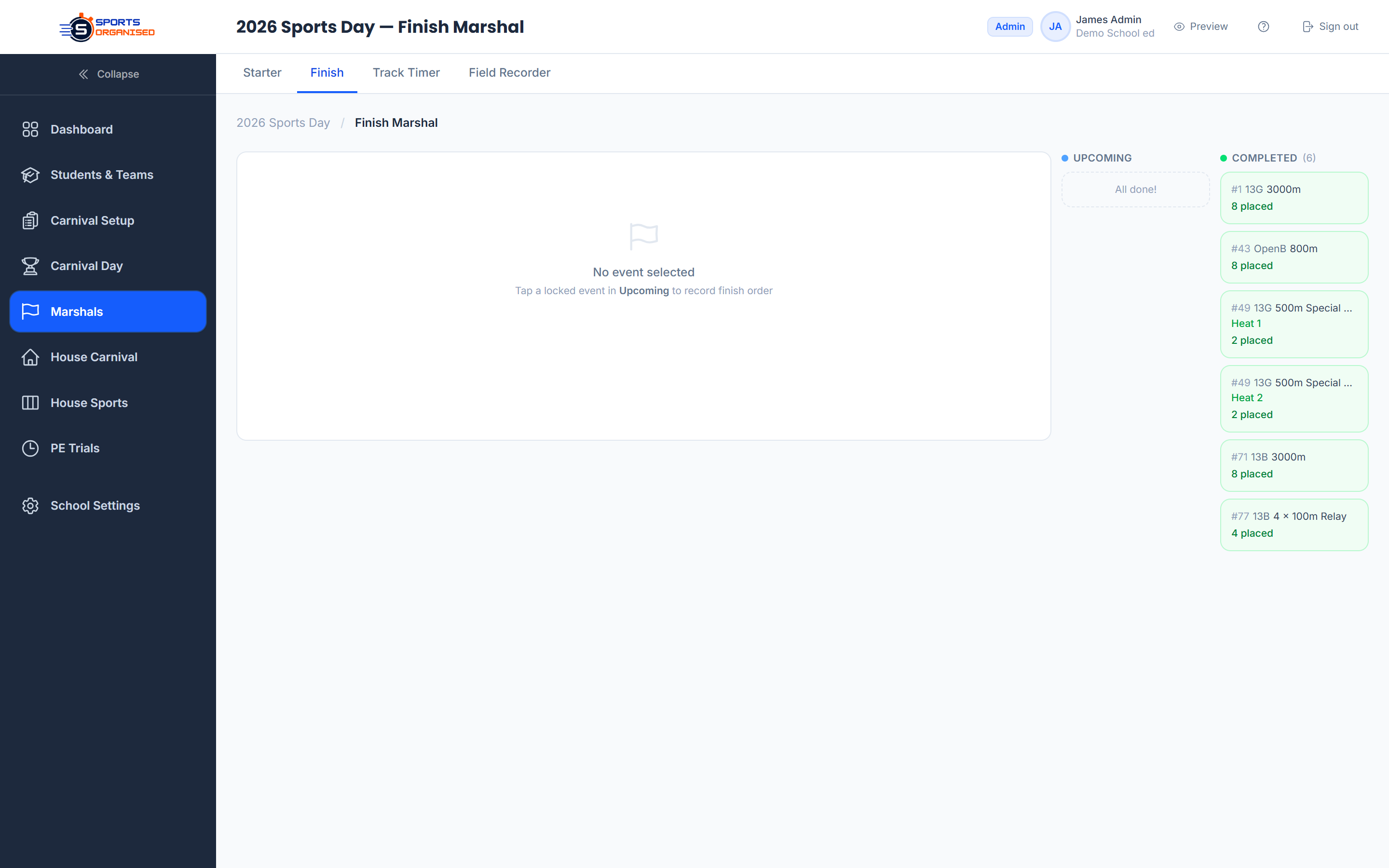 Screenshot: Finish marshal results entry view