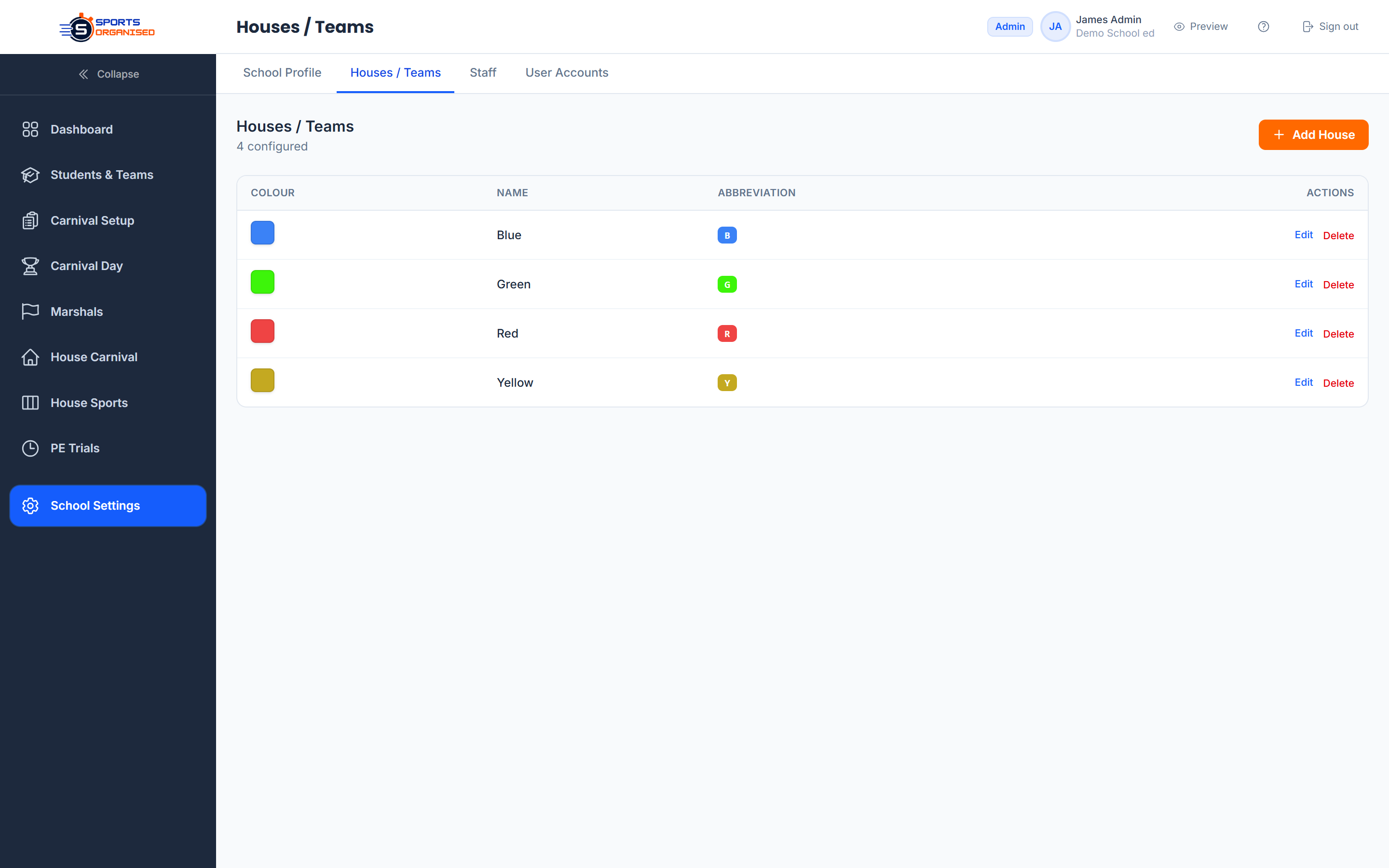 Screenshot: School setup — houses and users