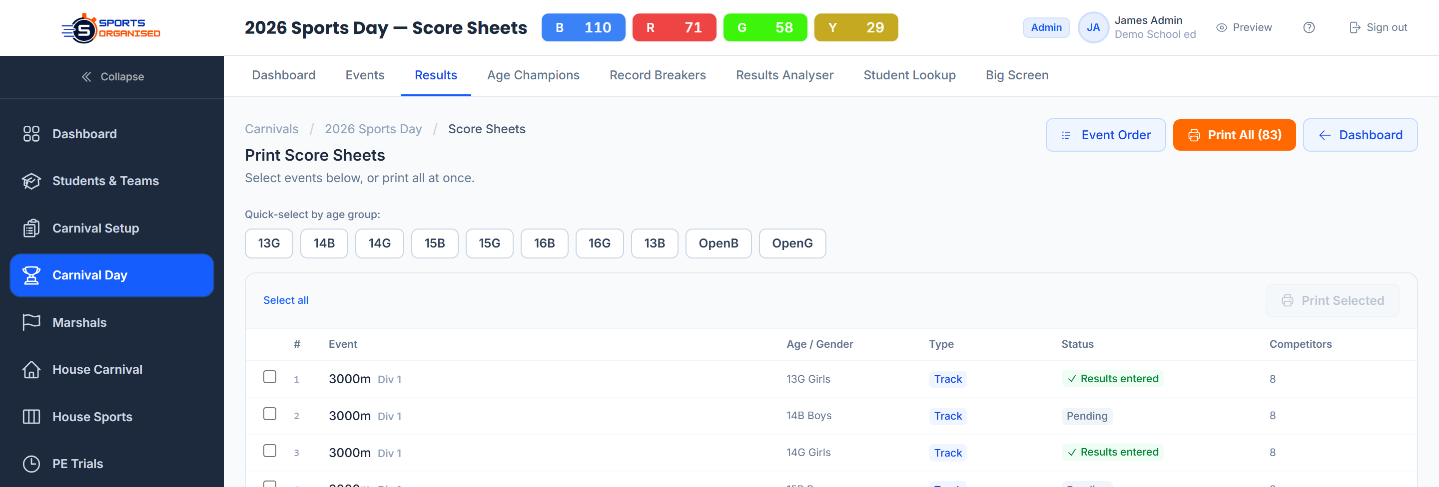 Print score sheets: every event listed with its status, selectable or printed all at once
