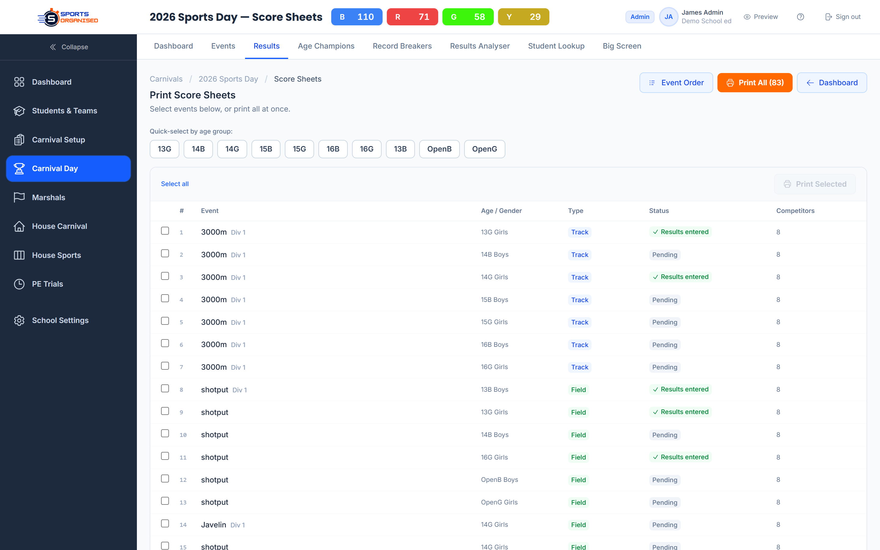 Screenshot: Score sheets print selection view