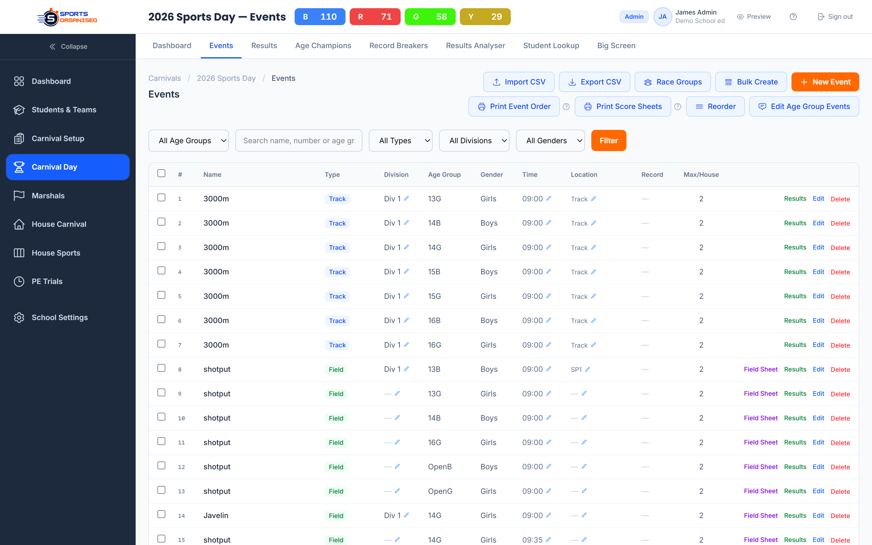 Screenshot: Events list with filters and bulk tools